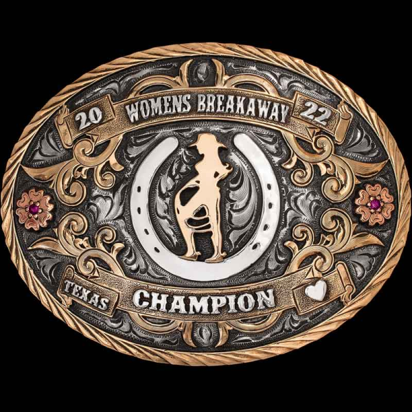 The Boley Belt Buckle features space for so many personalized details! With two customizable golden hand matted bronze banners and our signature antique finish, this buckle is an absolute must for any rodeo or western event!